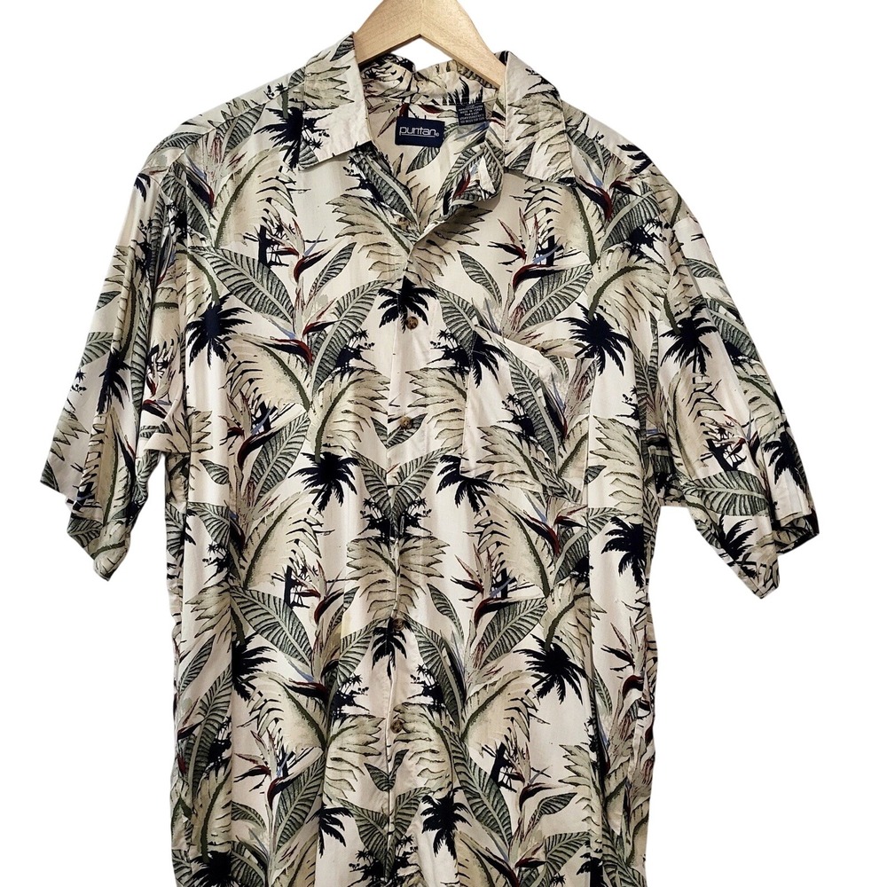 Puritan Hawaiian Shirt Beige Black Red Green Floral & Palm Trees Size L